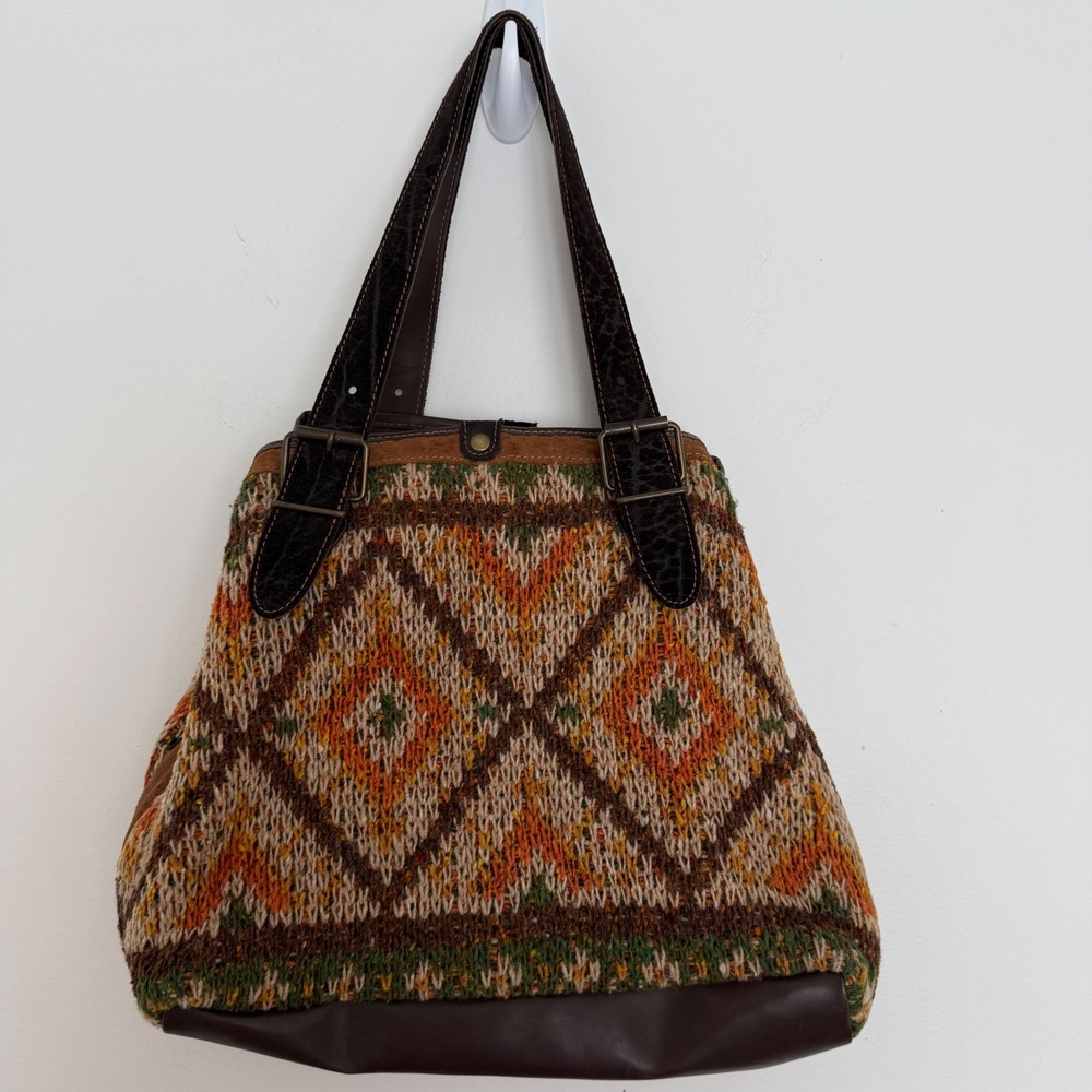 Vintage Bonfanti Made in Italy Knit‎ Hobo Shoulder Bag Leather Trim Virgin Wool